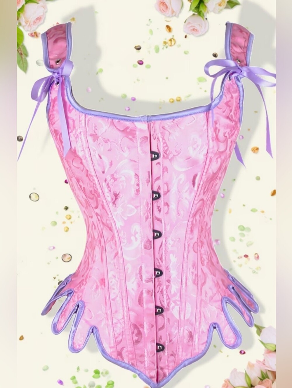 Pink Brocade Lace-Up Corset with Purple Trim Cosplay Wedding XL